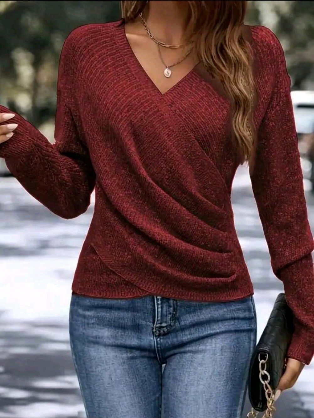 BRAND NEW ** Women's V-Neck Wrap Sweater - Burgundy